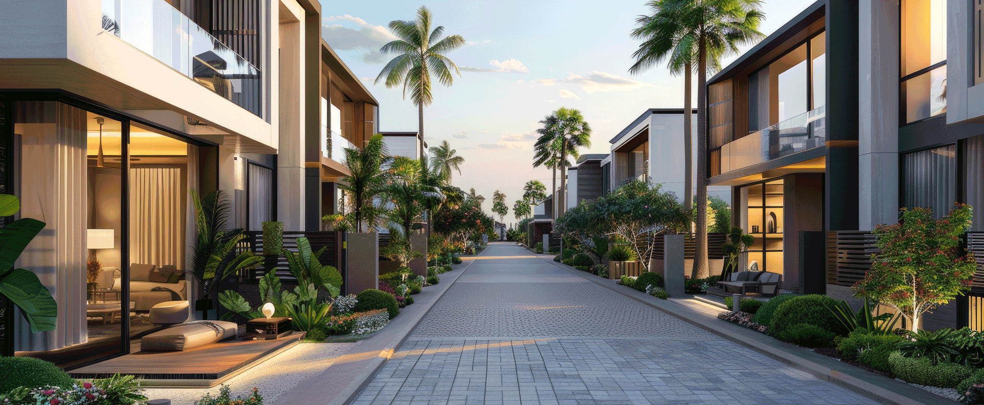 Modern residential development with palm trees